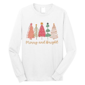 Merry And Bright Png Retro Christmas Tree Pink Long Sleeve Shirt