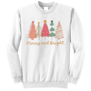 Merry And Bright Png Retro Christmas Tree Pink Sweatshirt