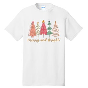 Merry And Bright Png Retro Christmas Tree Pink Tall T-Shirt