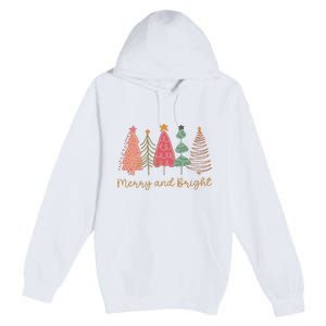 Merry And Bright Png Retro Christmas Tree Pink Premium Pullover Hoodie