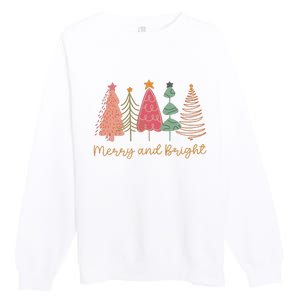 Merry And Bright Png Retro Christmas Tree Pink Premium Crewneck Sweatshirt