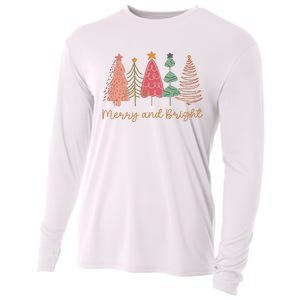 Merry And Bright Png Retro Christmas Tree Pink Cooling Performance Long Sleeve Crew