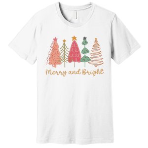 Merry And Bright Png Retro Christmas Tree Pink Premium T-Shirt