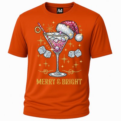 Merry And Bright Christmas Martini Cocktail Santa Hat Xmas Gift Cooling Performance Crew T-Shirt