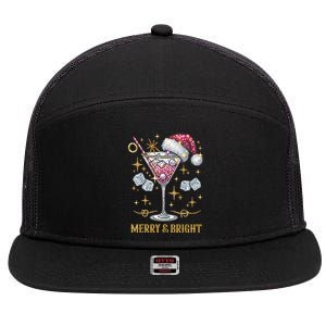 Merry And Bright Christmas Martini Cocktail Santa Hat Xmas Gift 7 Panel Mesh Trucker Snapback Hat