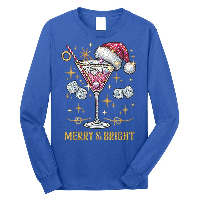 Merry And Bright Christmas Martini Cocktail Santa Hat Xmas Gift Long Sleeve Shirt