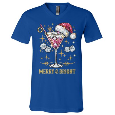 Merry And Bright Christmas Martini Cocktail Santa Hat Xmas Gift V-Neck T-Shirt