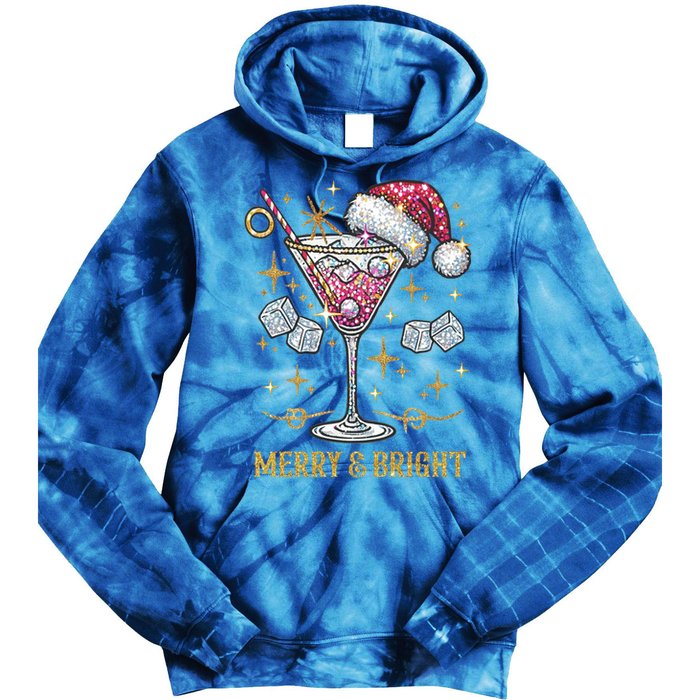 Merry And Bright Christmas Martini Cocktail Santa Hat Xmas Gift Tie Dye Hoodie