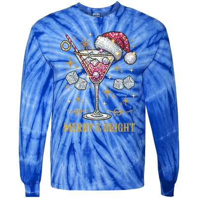 Merry And Bright Christmas Martini Cocktail Santa Hat Xmas Gift Tie-Dye Long Sleeve Shirt