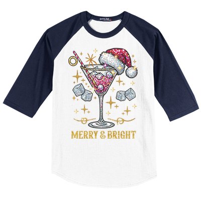 Merry And Bright Christmas Martini Cocktail Santa Hat Xmas Gift Baseball Sleeve Shirt