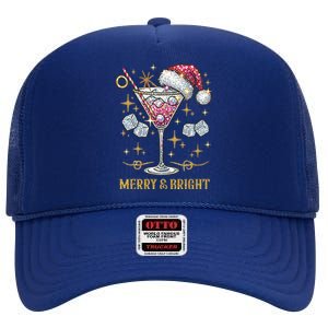 Merry And Bright Christmas Martini Cocktail Santa Hat Xmas Gift High Crown Mesh Back Trucker Hat