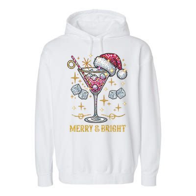 Merry And Bright Christmas Martini Cocktail Santa Hat Xmas Gift Garment-Dyed Fleece Hoodie