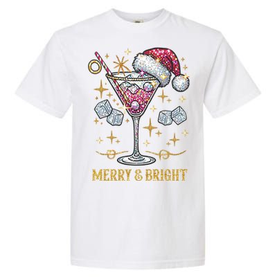 Merry And Bright Christmas Martini Cocktail Santa Hat Xmas Gift Garment-Dyed Heavyweight T-Shirt