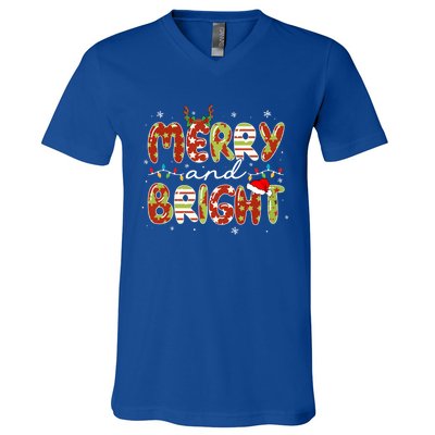 Merry And Bright Christmas Xmas Lights Family Pajama Holiday Cool Gift V-Neck T-Shirt