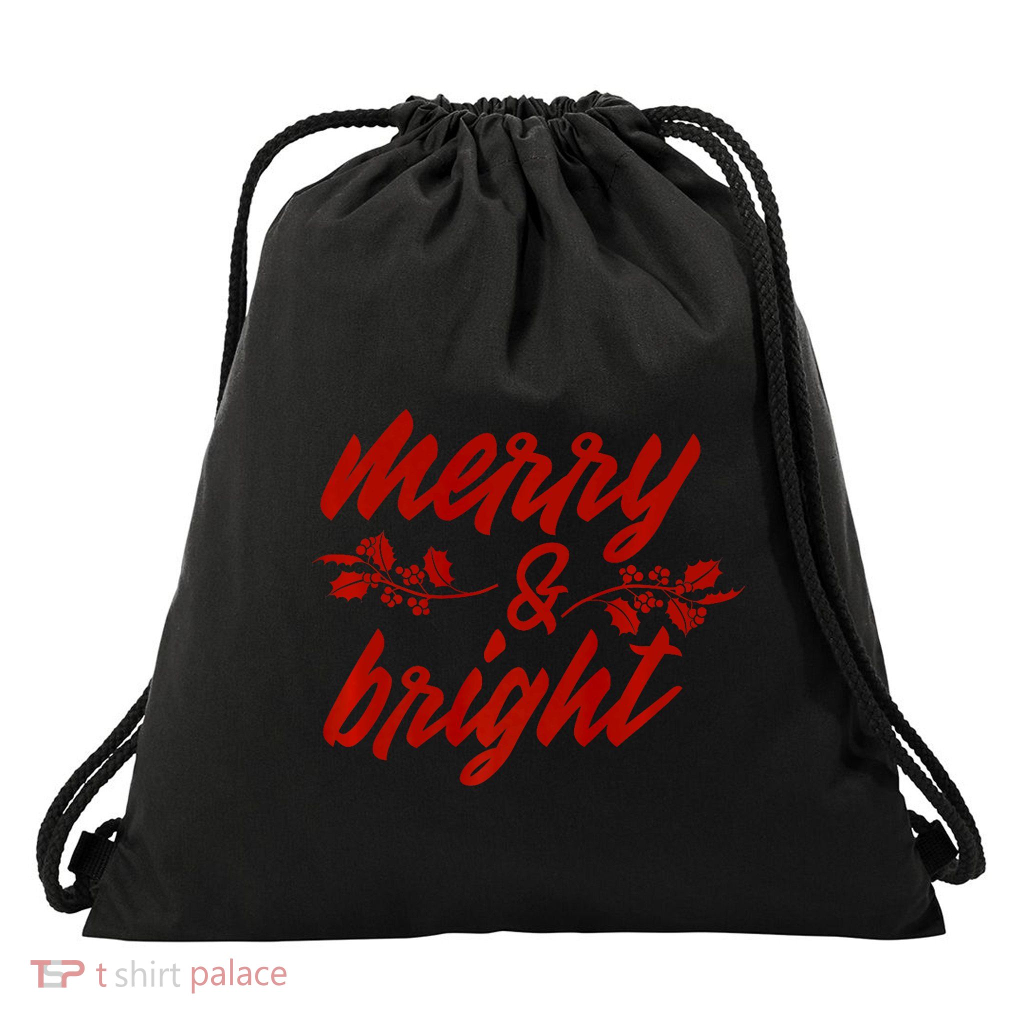 Merry And Bright Christmas Season With Holly Twigs Drawstring Bag