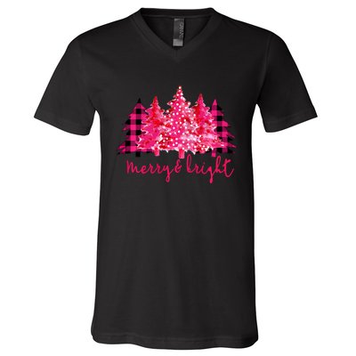 Merry And Bright Christmas Tree Graphic V-Neck T-Shirt