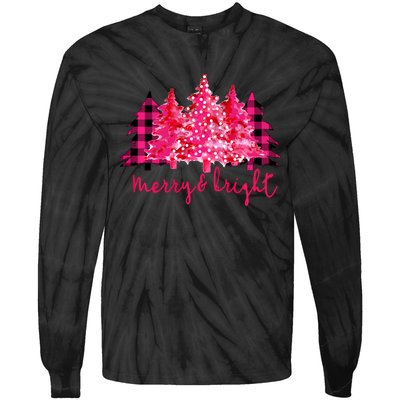 Merry And Bright Christmas Tree Graphic Tie-Dye Long Sleeve Shirt