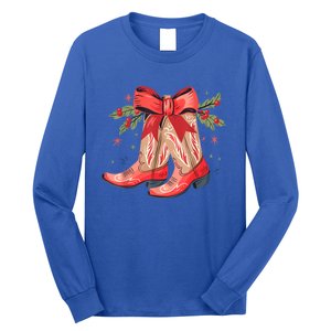 Merry And Bright Cow Boot Christmas Western Cow Gift Long Sleeve Shirt