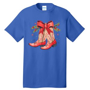 Merry And Bright Cow Boot Christmas Western Cow Gift Tall T-Shirt