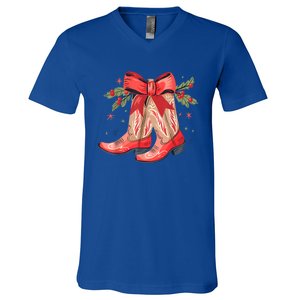 Merry And Bright Cow Boot Christmas Western Cow Gift V-Neck T-Shirt