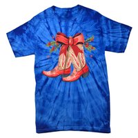 Merry And Bright Cow Boot Christmas Western Cow Gift Tie-Dye T-Shirt