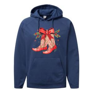 Merry And Bright Cow Boot Christmas Western Cow Gift Performance Fleece Hoodie