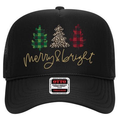 Merry And Bright Christmas With Plaid Animal Pattern Trees High Crown Mesh Back Trucker Hat