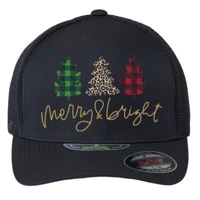 Merry And Bright Christmas With Plaid Animal Pattern Trees Flexfit Unipanel Trucker Cap