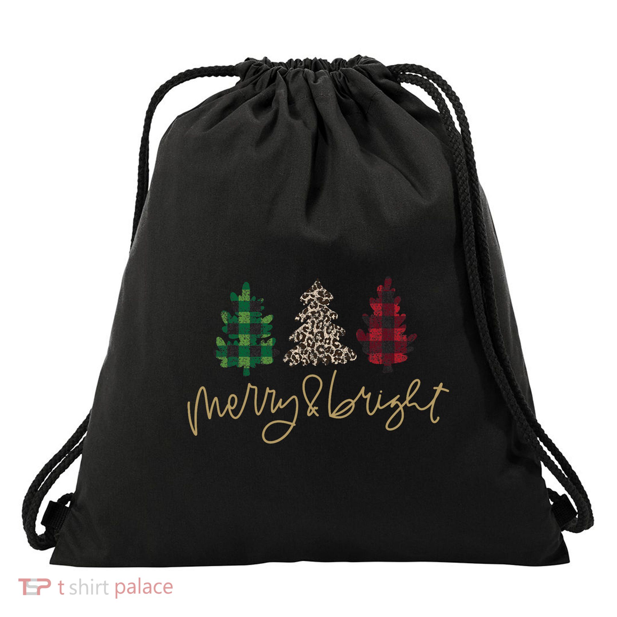 Merry And Bright Christmas With Plaid Animal Pattern Trees Drawstring Bag