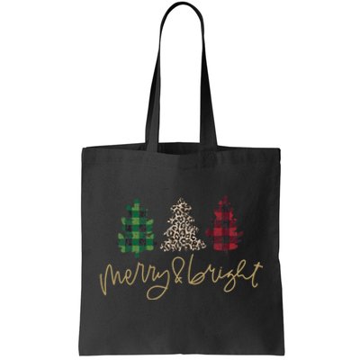 Merry And Bright Christmas With Plaid Animal Pattern Trees Tote Bag