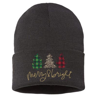 Merry And Bright Christmas With Plaid Animal Pattern Trees Sustainable Knit Beanie