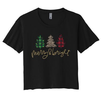 Merry And Bright Christmas With Plaid Animal Pattern Trees Women's Crop Top Tee