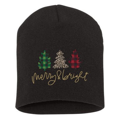 Merry And Bright Christmas With Plaid Animal Pattern Trees Short Acrylic Beanie