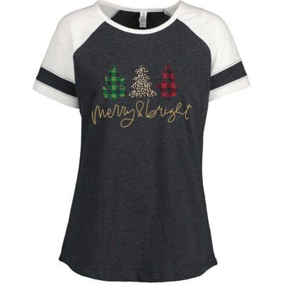 Merry And Bright Christmas With Plaid Animal Pattern Trees Enza Ladies Jersey Colorblock Tee