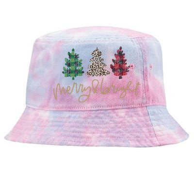 Merry And Bright Christmas With Plaid Animal Pattern Trees Tie-Dyed Bucket Hat