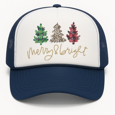 Merry And Bright Christmas With Plaid Animal Pattern Trees Trucker Hat