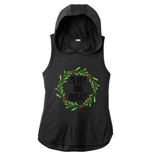 Merry And Bright Christmas Wreath With Holly Berries Ladies PosiCharge Tri-Blend Wicking Draft Hoodie Tank