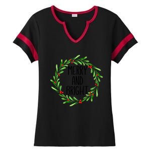 Merry And Bright Christmas Wreath With Holly Berries Ladies Halftime Notch Neck Tee