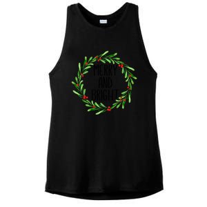 Merry And Bright Christmas Wreath With Holly Berries Ladies PosiCharge Tri-Blend Wicking Tank