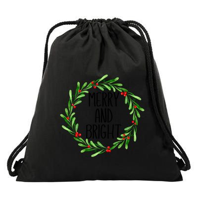 Merry And Bright Christmas Wreath With Holly Berries Drawstring Bag