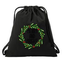 Merry And Bright Christmas Wreath With Holly Berries Drawstring Bag