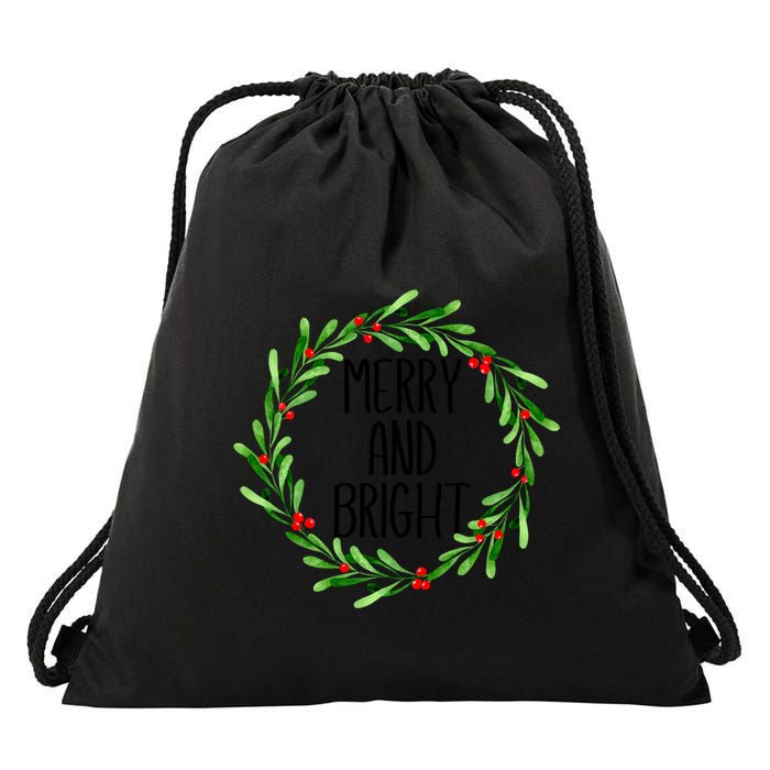 Merry And Bright Christmas Wreath With Holly Berries Drawstring Bag