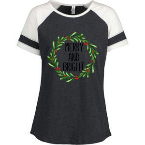 Merry And Bright Christmas Wreath With Holly Berries Enza Ladies Jersey Colorblock Tee