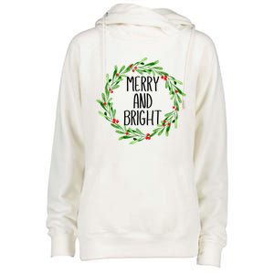 Merry And Bright Christmas Wreath With Holly Berries Womens Funnel Neck Pullover Hood