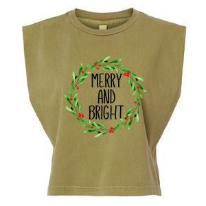 Merry And Bright Christmas Wreath With Holly Berries Garment-Dyed Women's Muscle Tee