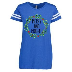 Merry And Bright Christmas Wreath With Holly Berries Enza Ladies Jersey Football T-Shirt