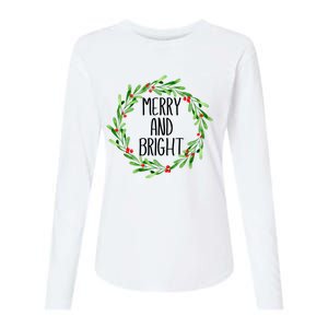 Merry And Bright Christmas Wreath With Holly Berries Womens Cotton Relaxed Long Sleeve T-Shirt