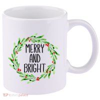 Merry And Bright Christmas Wreath With Holly Berries 11oz C Handle Ceramic Mug