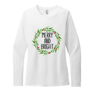 Merry And Bright Christmas Wreath With Holly Berries Womens CVC Long Sleeve Shirt