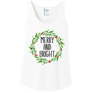 Merry And Bright Christmas Wreath With Holly Berries Ladies Essential Tank